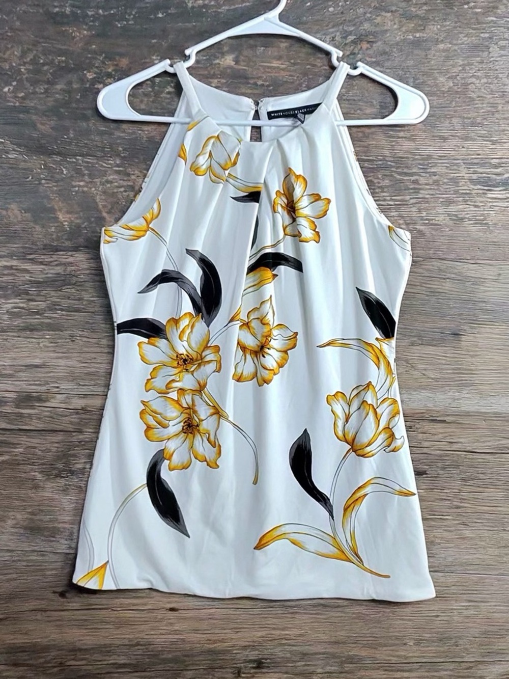 White House Black Market White Floral Halter Tank with Yellow & Black Accents
